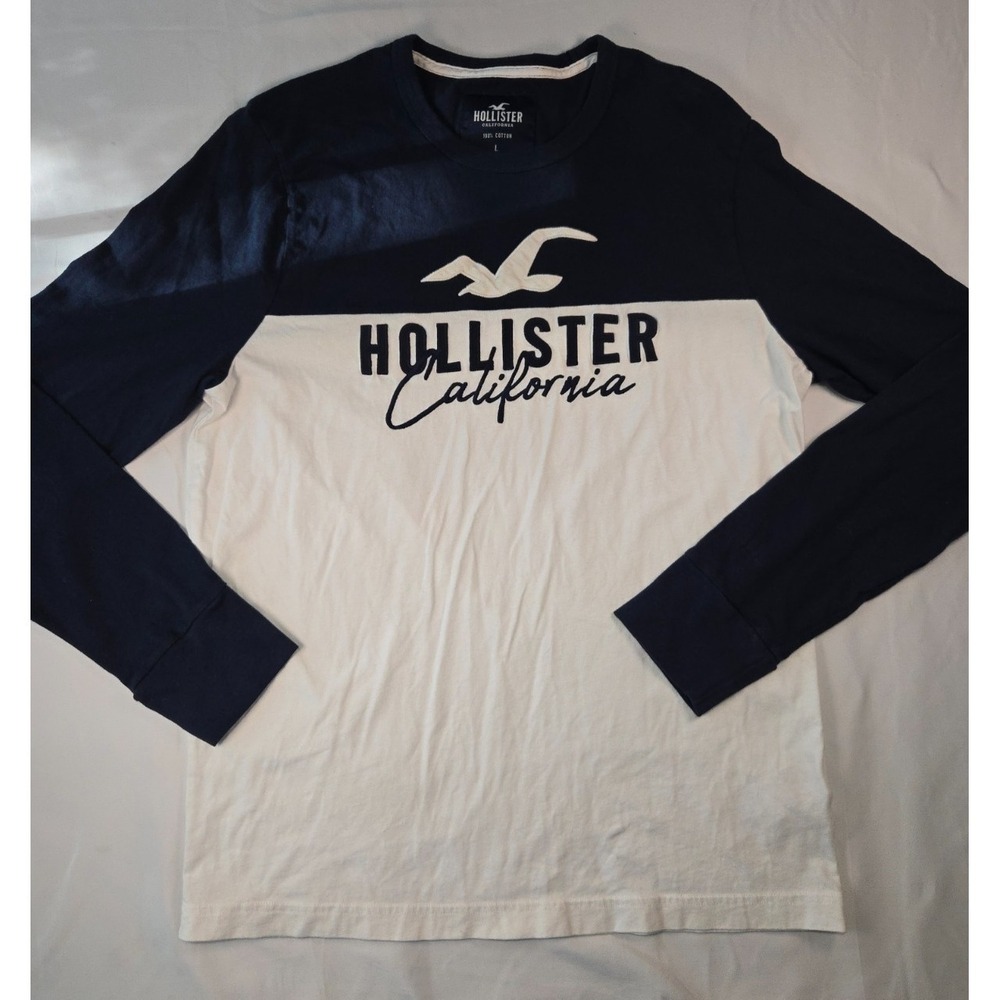 Hollister Mens Long Sleeve T Shirt White Navy Logo California Size L 100% Cotton